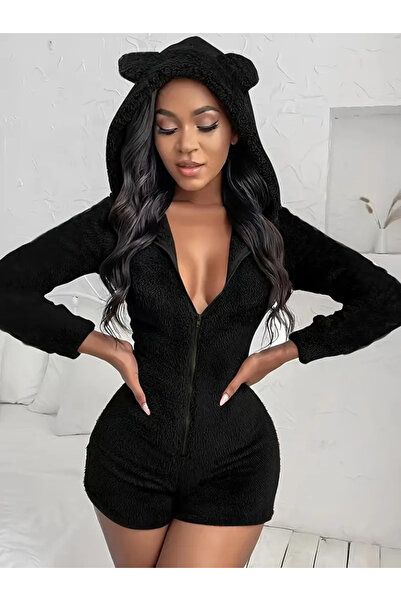 VELİZADE Siyah Yumuşak Dokulu Konfor Modeli Kapüşonlu Ayı Kulaklı Yumoş Kadın Polar Peluş Şortlu Tulum Pijama