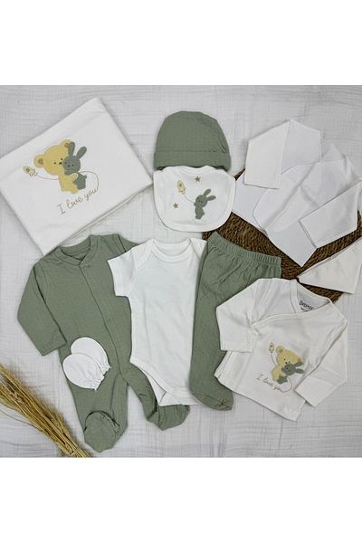 Bebitof 10 Piece Boxed Newborn Hospital Discharge Bodysuit Set with Hugging Teddy Bear Pattern