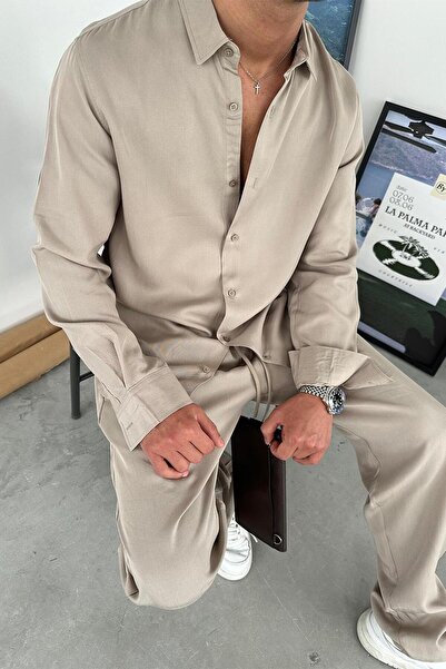 HAFKAGİYİM Taş Lyocell Kumaş Basic Relaxed Gömlek