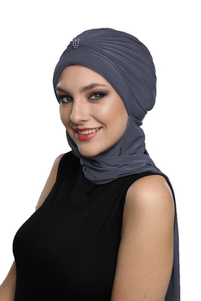 fidan bone عمامة جاهزة مطرزة باللؤلؤ يدويًا باللون الرمادي الداكن، مناسبة للا...