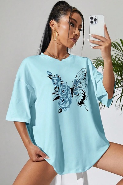 stg spor toptan giyim Women's Baby Blue Floral Butterfly Printed Oversize Loo...