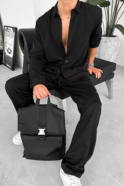 HAFKAGİYİM Μαύρο υφασμάτινο Lyocell Basic Relaxed πουκάμισο