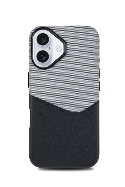 Caseji iPhone 16 Uyumlu Kumaş ve Deri Kaplamalı Kartlıklı Metal Kamera Detayl...