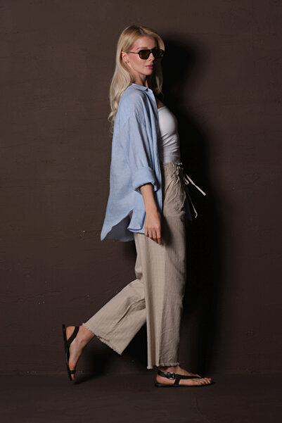 Maule Pantaloni de vară pentru femei, din bumbac bej, elastic și adunat, cu croială relaxată, cu picior tăiat la gleznă @portofino