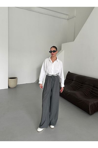 Laluvia Anthrazitfarbene Designhose mit Gürteldetail – 3576