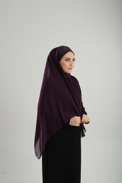 HÜRREM BONE Mürdüm Arkadan Bağlamalı Abiye Şal Şifon Kare Desenli Taşlı 1900_07