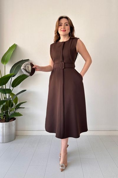 MOZENA Front Pleat Belt Dress