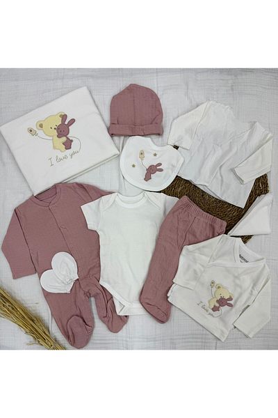 Bebitof 10 Piece Boxed Newborn Hospital Discharge Bodysuit Set with Hugging Teddy Bear Pattern