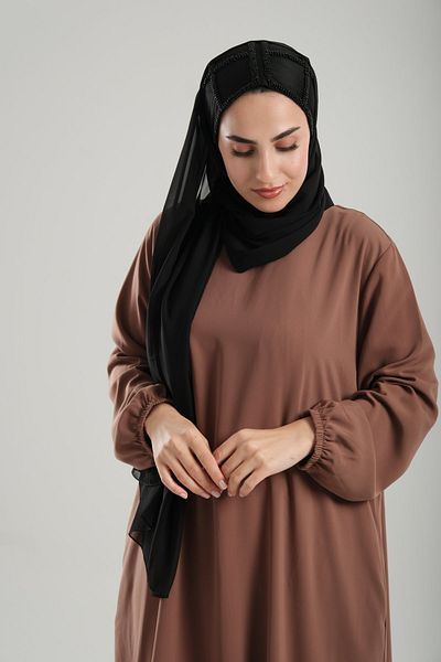 HÜRREM BONE Rochie de seară neagră cu model pătrat din șifon cu detaliu în piatră - Cravată la spate 1900_01