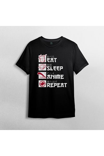 Pixxa Anime Repeat Eat Sleep Crew Neck 100% βαμβακερό T-shirt - Μοντέλο 1