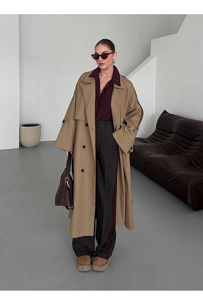 Laluvia Karamell Lucky Button Detaillierter Oversize-Trenchcoat – 9476