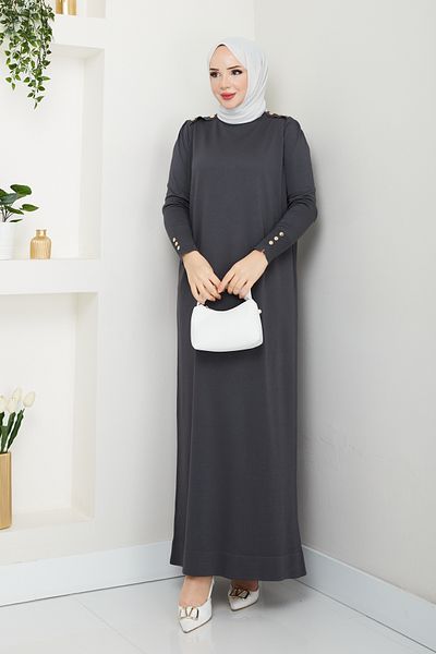 Pamuk Butik Anthracite Knitwear Mercerized Dress - Women with Shoulder Epaulettes