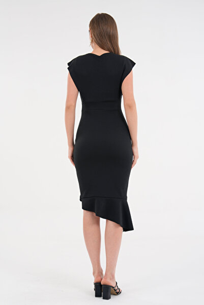 vuvutasarım Crepe Stretchy Fabric Double Breasted Neckline Flounced Midi Women's Evening Dress Graduation Dress 583160