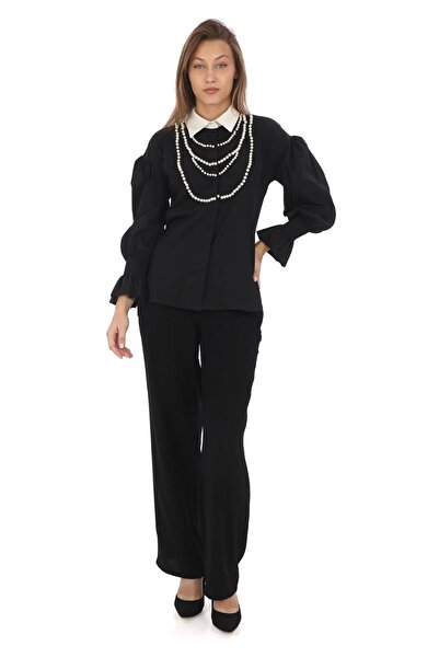 lodmela Блуза з вишитим намистом з перлів 4704-Чорна