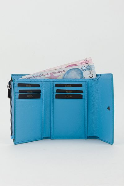 Fossil Boxed Genuine Leather Ice Blue Medium Size Women's Hand Portfolio Card Holder Wallet