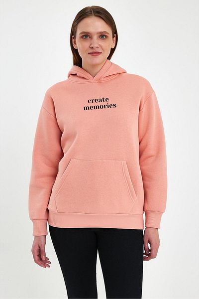 FİHA Unisex Printed Raised Hooded Sweatshirt - Apricot