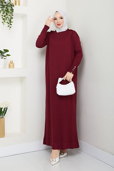 Pamuk Butik Claret Red Knitwear Mercerized Dress - Women with Shoulder Epaulettes