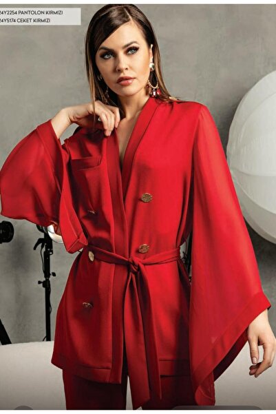 Kupa Kızı Mar de Moda Kolları Tül Kırmızı Kuşaklı Kimono