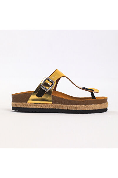 Moosefield Papuci de damă din piele naturală cu talpă de paie aurii