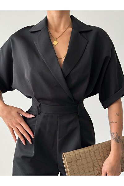 Genel Markalar Kadın Siyah Atlas Kumaş Şort Tulum