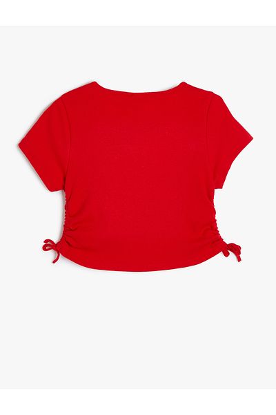 Koton Cotton Crop T-Shirt - Side Drawstring, Short Sleeve and Print