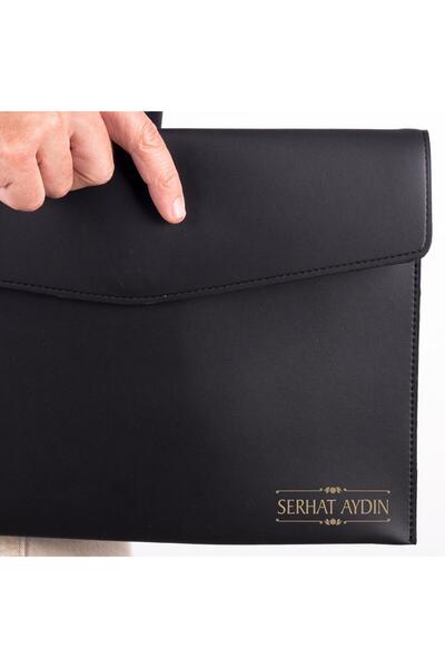 Ofistike Blu İsme Özel Siyah Deri İç Bölmeli Dosya Evrak Notebook Tablet Çantası Erkek Kartvizit Kalem Kılıfı