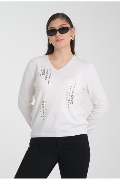 Modayızbiz Bluză de tricotaj cu detalii de piatră, din viscoză, poliester, cu decolteu în V, albă B7066
