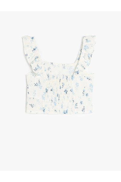 Koton Cotton Square Neck Ruffle Detailed Floral Print Crop Blouse