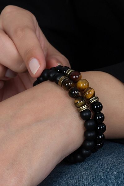Takı Dükkanı 2 Pieces Shiny Matte Onyx Turtle Eye Jewelled Unisex Bracelet Pair Okbpm