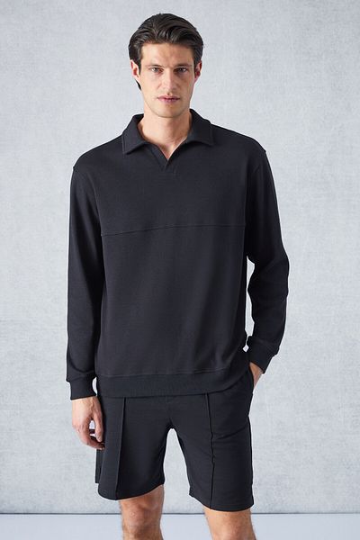 GRIMELANGE Bugatti Men's Polo Collar Long Sleeve Relaxed Fit Black Sweatshirt