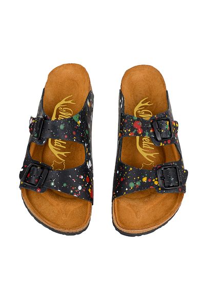 Moosefield Genuine Leather Printed Black Women's Slippers