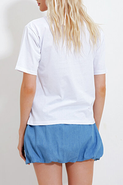 VAGGON Tricou alb de damă din bumbac cu decolteu în formă de ciclism