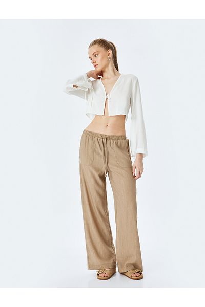 Koton Wide Leg Pocket Viscose Blended Trousers with Lace-Up Waist