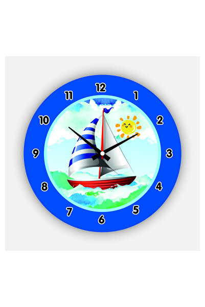 enmalife Çocuk Odası Duvar Saati / Gemi ve Deniz Mavi Temalı Duvar Saati / Uv...