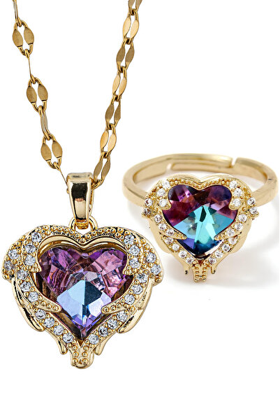 Takı Dükkanı طقم قلادة وخاتم من الفولاذ للنساء مرصع بالأحجار الملونة على شكل ...