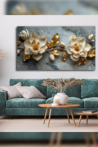 Evinemoda Gold Yapraklı Çiçekler Tek Parça Kanvas - Canvas Tablo