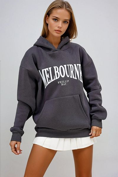 VAGGON Women's Anthracite Hooded Kangru Pocket Front Printed Three Thread Raised Sweatshirt