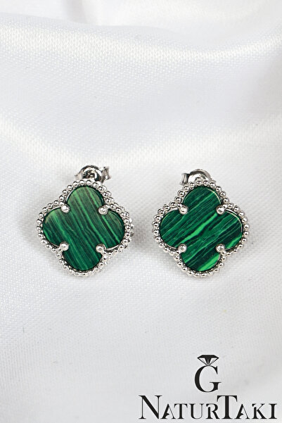 Naturtakı Van Cleef Yeşil Malakit Yonca Doğal Taşlı Tasarım Kadın Gümüş Küpe Modeli