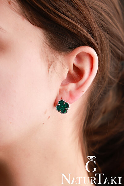 Naturtakı Van Cleef Yeşil Malakit Yonca Doğal Taşlı Tasarım Kadın Gümüş Küpe Modeli