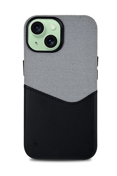 Caseji iPhone 13/ 14 Uyumlu Kumaş ve Deri Kaplamalı Kartlıklı Metal Kamera De...
