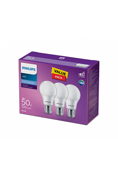 Philips مصباح LED أساسي 7 واط E27 بضوء نهاري بارد 6500 كلفن، عبوة من 3 قطع، A...