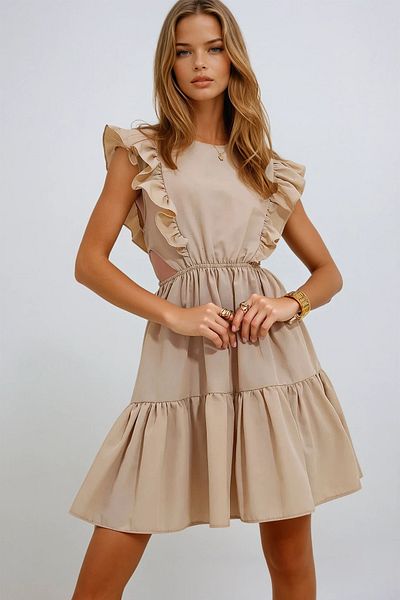 VAGGON Rochie de damă, bej, cu gât de barcă, cu talie decoltată, din popelin, cu volan pe laterale
