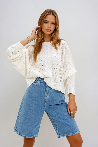 VAGGON Pulover de damă, crem, cu decolteu, tricotat, cu modele