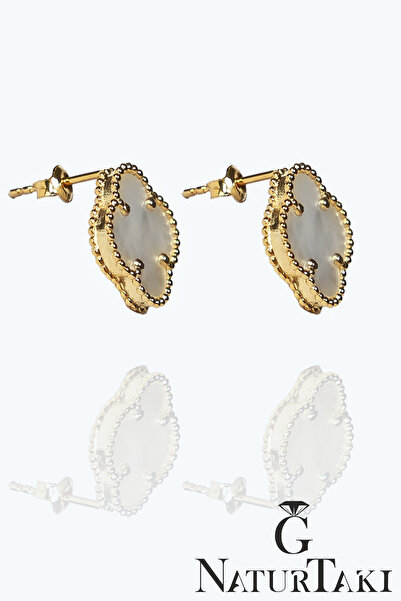 Naturtakı Kadın Altın Kaplama Gümüş Sedef Doğal Taşlı Gümüş Kadın Yonca Tasarım Küpe Modeli