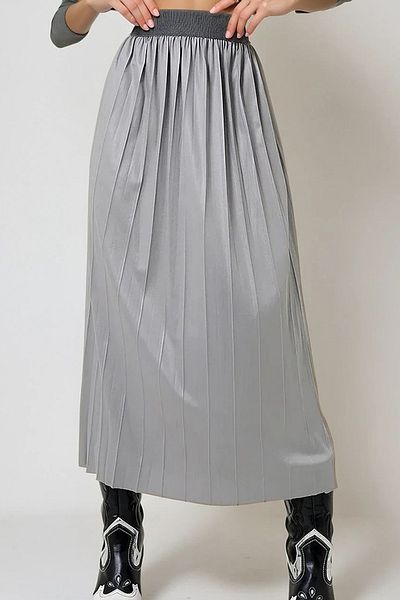 VAGGON Women's Light Gray Elastic Waist Wide Pleated Seasonal Long Skirt Prmx12731