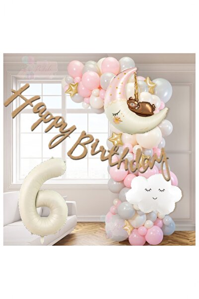 BİDOLUMUTLULUK Pembe Bulut Ayılı Ay Folyo Balonlu Balon Doğum Günü Seti Parti...