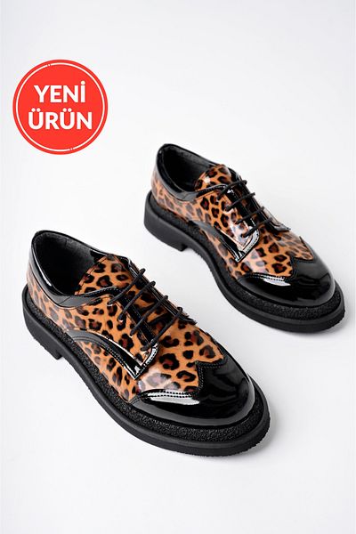 MARSHETTA Model Leopatra Cu Motiv Leopard Piele Lacuita Neagra Pantofi Oxford Casual Dama cu Siret