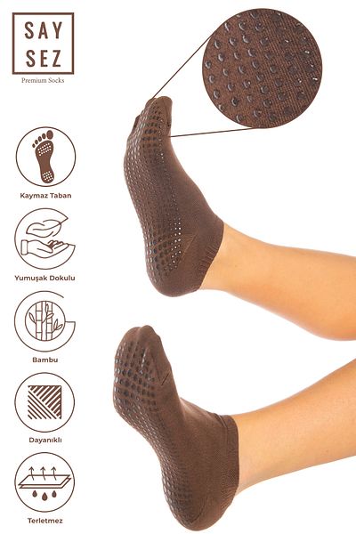 SAYSEZ Bamboo Women's Anti-Slip Sole Brown Silicone Print Pilates Yoga Fitness Dance Activity Booties Socks
