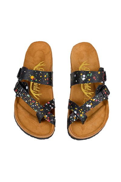 Moosefield Genuine Leather Printed Black Women's Slippers