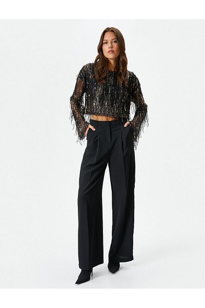 Koton Crop Tulle Μπλούζα Παγιέτα Κεντημένη μακρυμάνικη στρογγυλή λαιμόκοψη